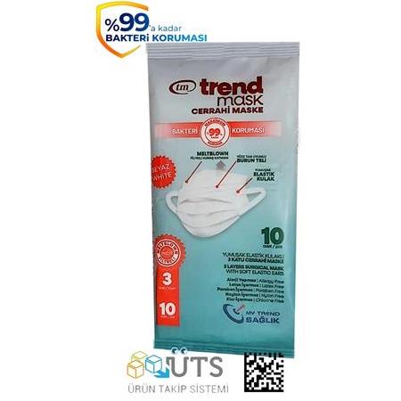 TRENDMASK Elastik Kulaklı Maske 10'lu 1 Paket 10 Adet (Beyaz)