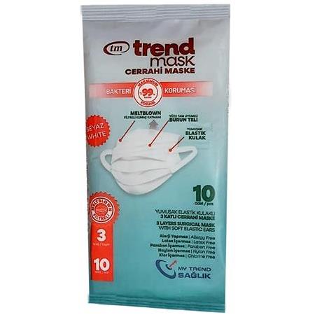 TRENDMASK Elastik Kulaklı Maske 10'lu 10 Paket 100 Adet (Beyaz)