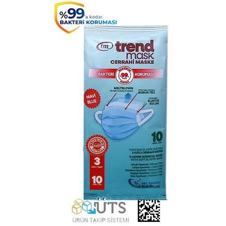 TRENDMASK Elastik Kulaklı Maske 10'lu 1 Paket 10 Adet (Mavi)
