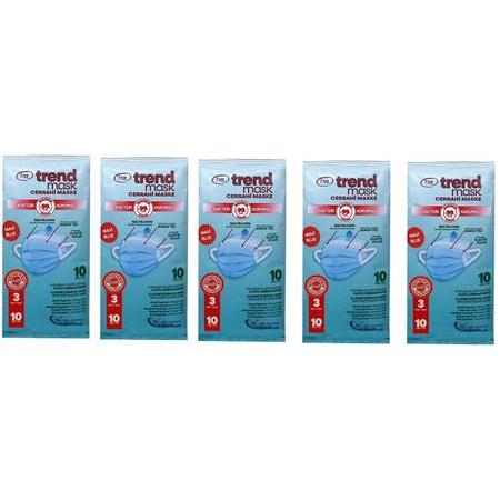 TRENDMASK Elastik Kulaklı Maske 10'lu 5 Paket 50 Adet (Mavi)