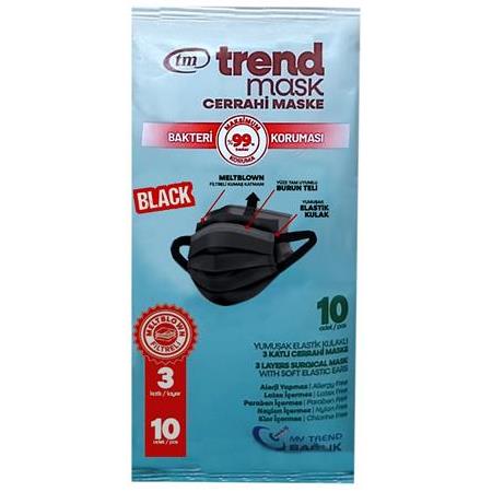 TRENDMASK Elastik Kulaklı Maske 10'lu 1 Paket 10 Adet (Siyah)