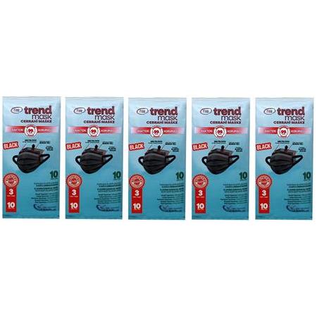 TRENDMASK Elastik Kulaklı Maske 10'lu 5 Paket 50 Adet (Siyah)