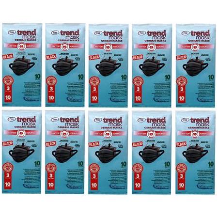 TRENDMASK Elastik Kulaklı Maske 10'lu 10 Paket 100 Adet (Siyah)