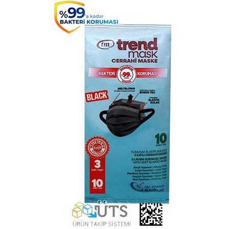 TRENDMASK Elastik Kulaklı Maske 10'lu 10 Paket 100 Adet (Siyah)