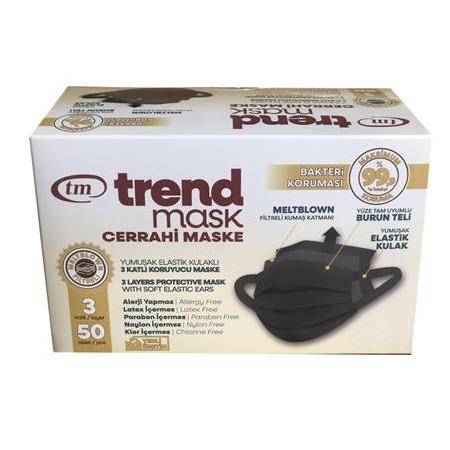 TRENDMASK Yumuşak Elastik Kulaklı Maske 50'li 1 Paket 50 Adet (Siyah)
