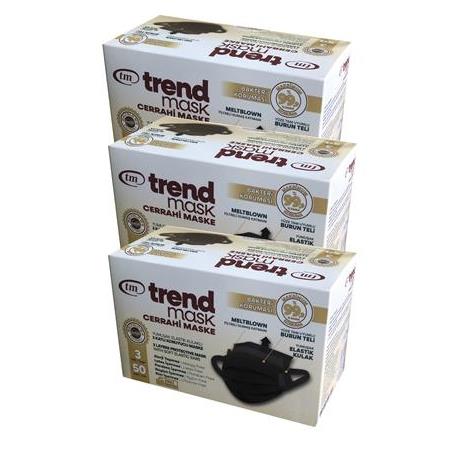 TRENDMASK Yumuşak Elastik Kulaklı Maske 50'li 3 Paket 150 Adet (Siyah)