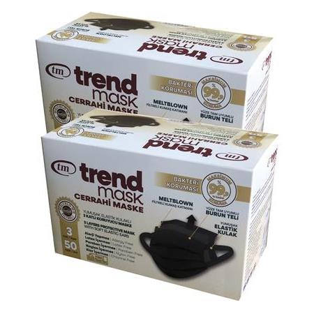 TRENDMASK Yumuşak Elastik Kulaklı Maske 50'li 2 Paket 100 Adet (Siyah)