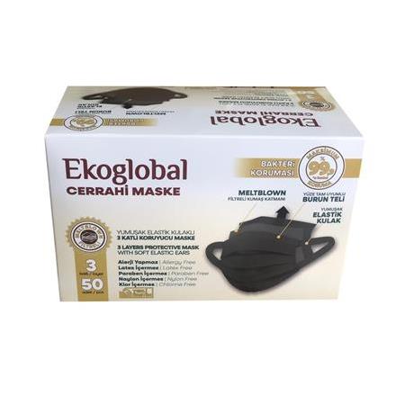 EKOGLOBAL Yumuşak Elastik Kulaklı Maske 50'li 1 Paket 50 Adet (Siyah)