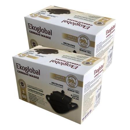EKOGLOBAL Yumuşak Elastik Kulaklı Maske 50'li 2 Paket 100 Adet (Siyah)