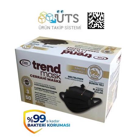 TRENDMASK Yumuşak Elastik Kulaklı Maske 50'li 10 Paket 500 Adet (Siyah)