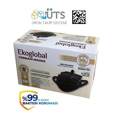 EKOGLOBAL Yumuşak Elastik Kulaklı Maske 50'li 10 Paket 500 Adet (Siyah)